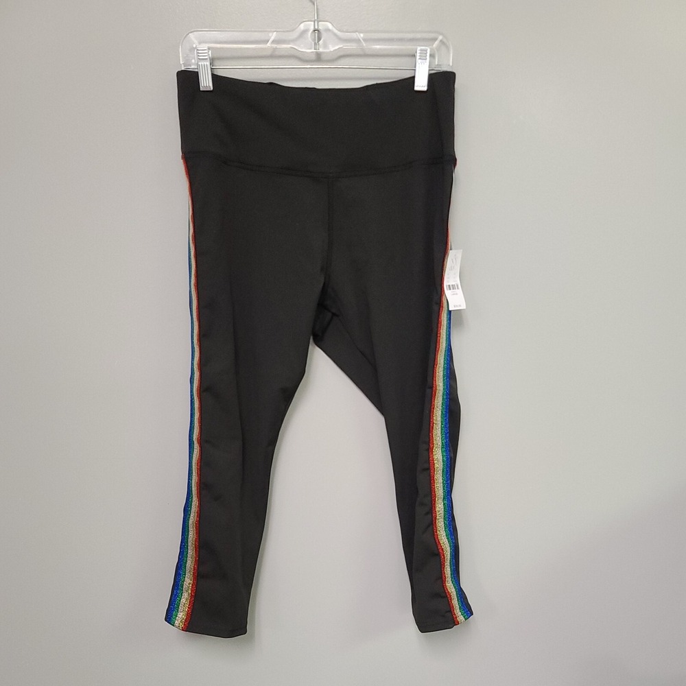 NY&C Rainbow Side Stripe Black Crop Leggings Size Large New